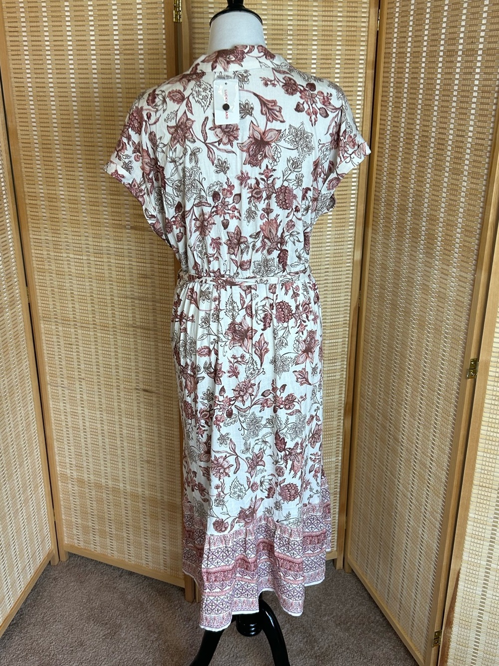 NWT Lucky Brand Floral Button-Front Midi Dress in Cream and Brown - Picture 5 of 10